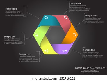 illustration of hexagon infographic with six color parts with simple signs on and with space for own text on sides placed on black background