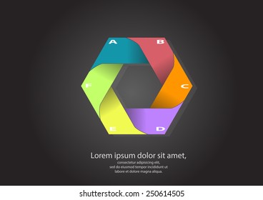 illustration of hexagon motif consists of six color parts on black background with space for your own text