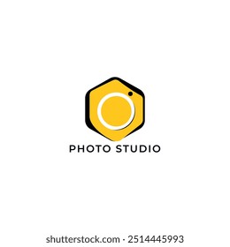 ILUSTRAÇÃO HEXÁGONO FOTOGRAFIA ABSTRATO CÂMERA LENTE PRETO LARANJA COR SIMPLES LOGOTIPO ÍCONE MODELO DESIGN ELEMENTO VETOR. BOM PARA ESTÚDIO DE FOTOS, APPS