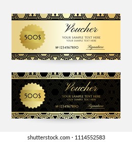 Ilustración con textura hexagonal dorada. Colección de plantillas de asientos de regalo. Capas horizontales decorativas vectoriales