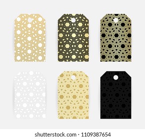 Illustration with hexagonal golden texture. Price tag templates collection. Vector labels with ornamental texture