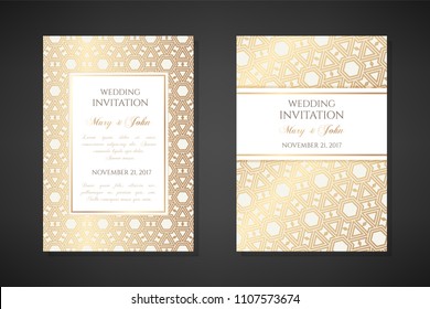 Illustration with hexagonal golden texture. Wedding invitation templates. Cover design with ornaments. Vector decorative backgrounds with copy space.