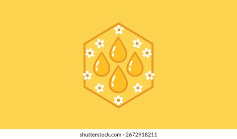 Ilustração de uma forma hexagonal contendo quatro gotas brilhantes de líquido dourado, possivelmente mel ou óleo, bordejadas por delicadas flores brancas. O design é simples e limpo.
