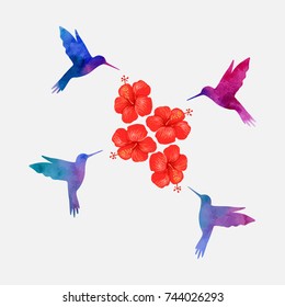 Illustration of a hibiscus or Chinese rose and hummingbird on a beautiful light background