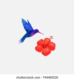 Illustration of a hibiscus or Chinese rose and hummingbird on a beautiful light background