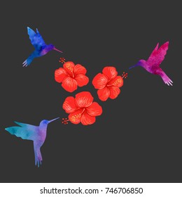 Illustration of a hibiscus or Chinese rose and hummingbird on a beautiful light background