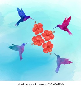 Illustration of a hibiscus or Chinese rose and hummingbird on a beautiful light background
