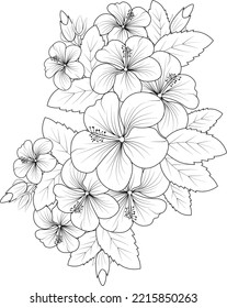 illustration of a hibiscus flower, vector sketch pencil art, bouquet floral coloring page and book isolated on white background clipart.