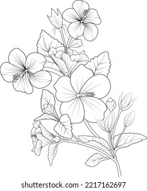 illustration of a hibiscus flower, vector sketch pencil art, bouquet floral coloring page and book isolated on white background clipart.