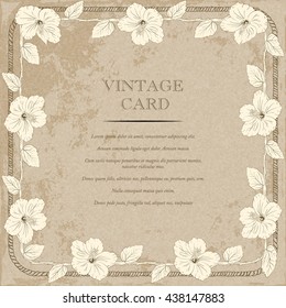 illustration with hibiscus flowers. Vector congratulation or invitation card. aged sharpen beige background