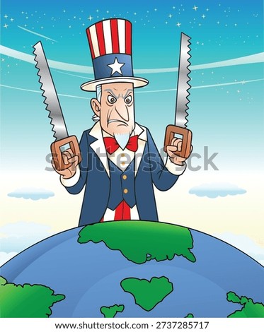 An illustration of a hideous uncle Sam of USA hold double saw on globe background