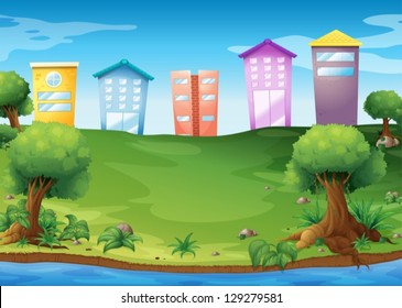 Illustration of the high buildings across the lake
