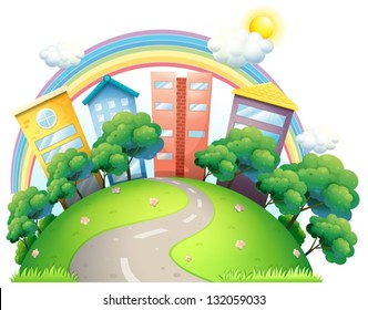 Illustration of the high buildings and the rainbow on a white background