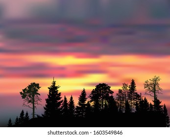 ilustración con árbol oscuro alto en el bosque al atardecer