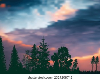 illustration with high dark tree in forest at sunset
