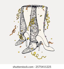 Illustration of high heels and boots with confetti. Stylish footwear, high heels, and boots surrounded by colorful confetti. Fashionable high heels and boots. Vintage illustration isolated, vector.