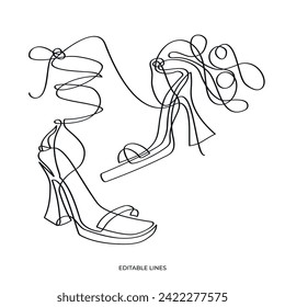 Illustration of high heels women's shoes in the technique of one line art. Close-up. Editable vector lines.