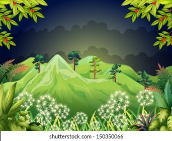 Illustration of the high mountains at the dark forest