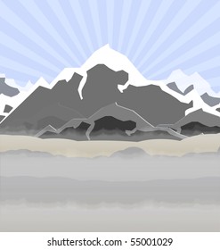 illustration of high mountains in fog