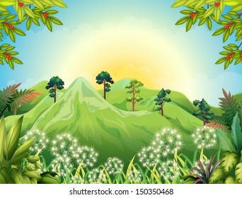 Illustration der hohen Berge im Wald