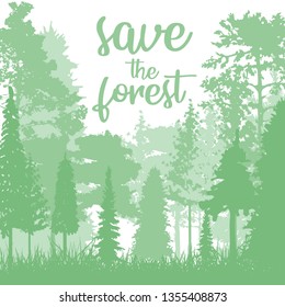 illustration with high pines in fir trees forest isolated on white background