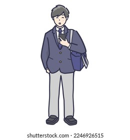  Ilustración de un chico de secundaria con uniforme de celosía que llevaba un smartphone y una bolsa de estudiante a la escuela