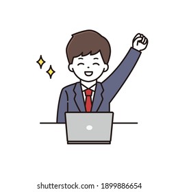 Illustration of a high school boy doing a guts pose in front of a computer