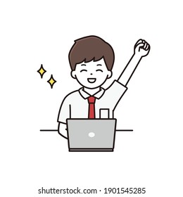 Illustration eines Schülerjungen, der einen Maulwurf vor einen Computer stellt