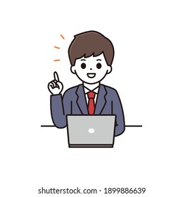 Illustration of a high school boy explaining the points in front of a computer