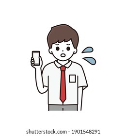 Illustration of a high school boy holding a smartphone with a troubled face