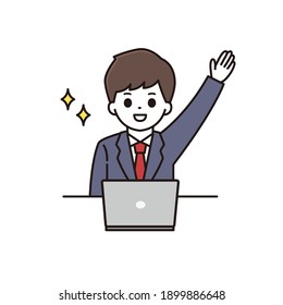 Illustration of a high school boy raising his hand in front of a computer