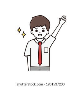 Illustration of a high school boy raising his hand with a smile