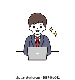 Illustration of a high school boy smiling in front of a computer