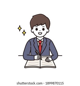 Illustration of a high school boy studying with a smile