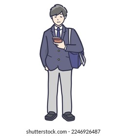 Illustration of a high school boy in school uniform carrying a school bag while reading a book