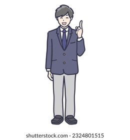 Illustration of high school boy in uniform explaining a point with index finger out - Full Length