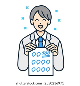 Illustration of a high school boy in school uniform holding a 100-point answer sheet.