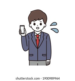 Illustration of a high school boy who is in trouble with a smartphone