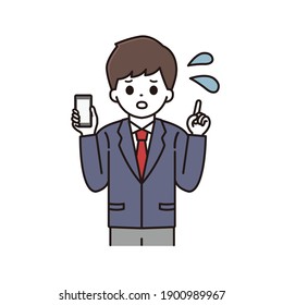 Illustration of a high school boy who is in trouble with a smartphone