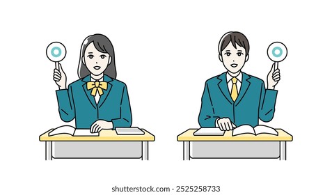 Illustration of high school boys and girls raising round bills