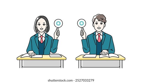Illustration of high school boys and girls raising round bills