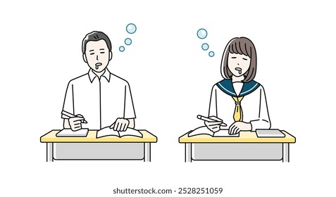 Illustration of high school boys and girls falling asleep while studying