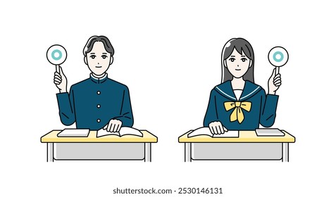 Illustration of high school boys and girls raising round bills