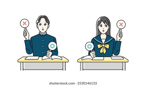 Illustration of high school boys and girls raising round bills