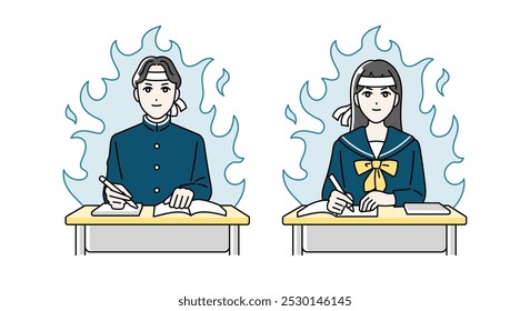 Illustration of high school boys and girls falling asleep while studying