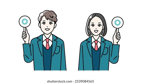 Illustration of high school boys and girls raising round bills