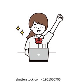 Illustration of a high school girl doing a guts pose with a smile in front of a computer