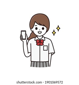 Illustration of a high school girl holding a smartphone with a smile