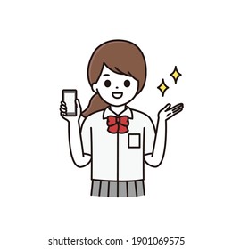 Illustration of a high school girl holding a smartphone with a smile