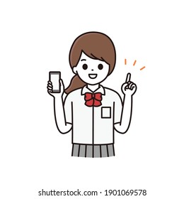 Illustration of a high school girl holding a smartphone with a smile